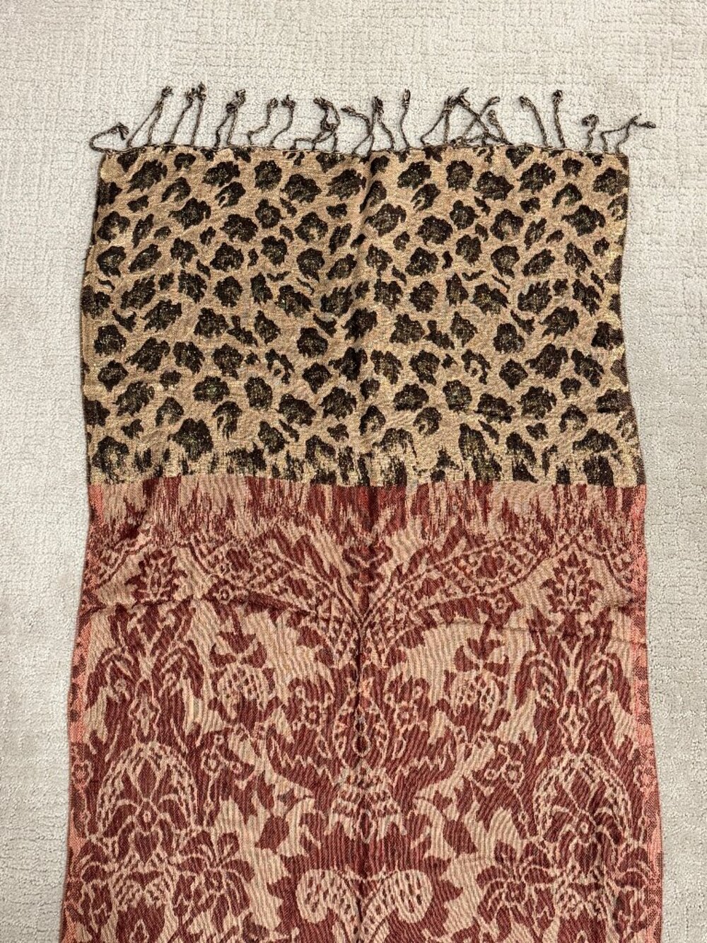 NWOT Cejon Boho Damask & Metallic Leopard Print Fringe Pashmina Scarf